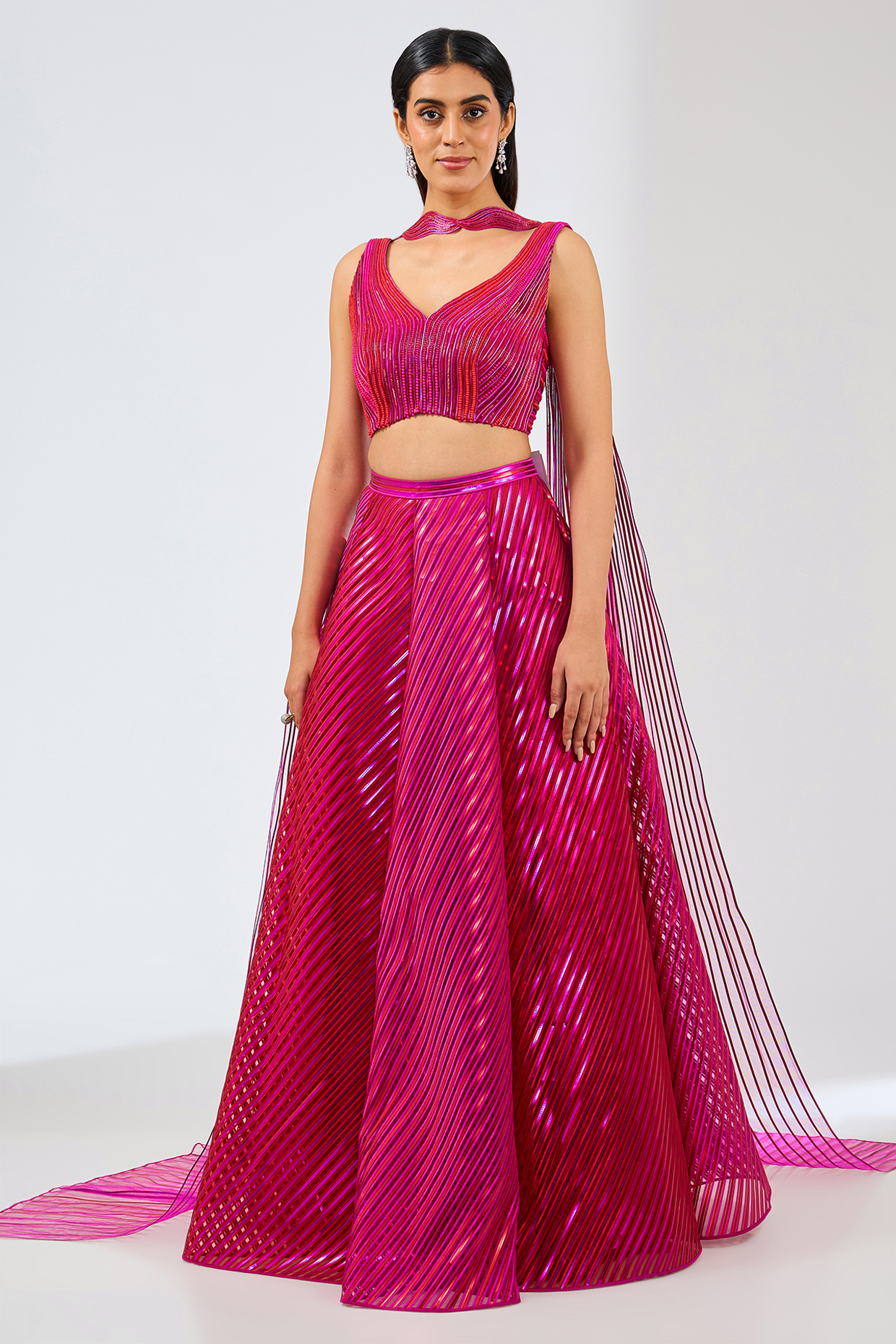 Fuchsia Metallic Stripper Bridal Lehenga Set by Amit Aggarwal at Pernia's Pop Up Shop