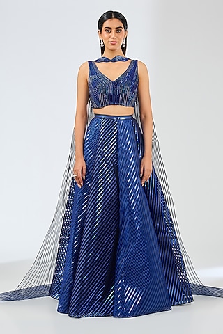 Cosmos Blue Metallic Stripper Lehenga Set by Amit Aggarwal