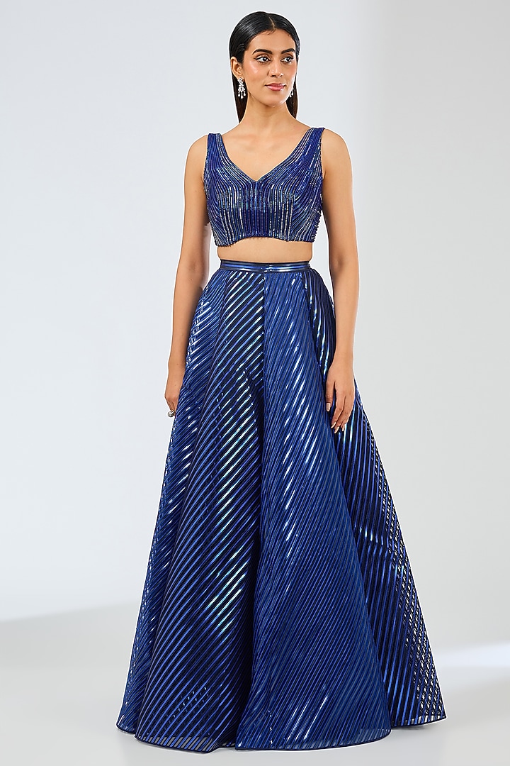 Cosmos Blue Metallic Stripper Bridal Lehenga Set by Amit Aggarwal at Pernia's Pop Up Shop
