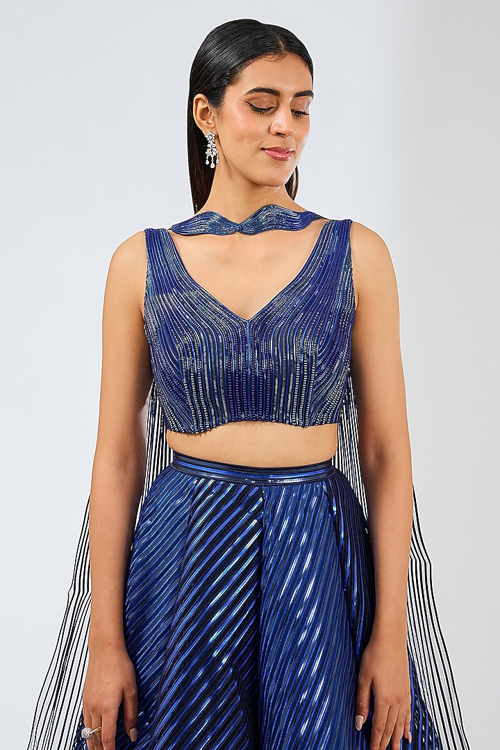 Cosmos Blue Metallic Stripper Bridal Lehenga Set by Amit Aggarwal at Pernia's Pop Up Shop