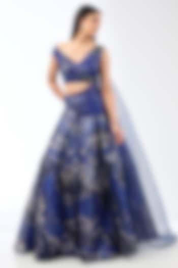 Cosmos Blue Metallic Stripe Draped Bridal Lehenga Set by Amit Aggarwal at Pernia's Pop Up Shop