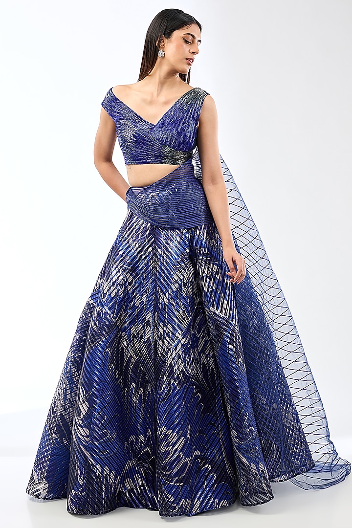 Cosmos Blue Metallic Stripe Draped Bridal Lehenga Set by Amit Aggarwal at Pernia's Pop Up Shop