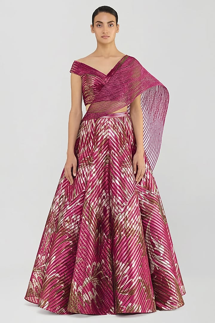 Bloom Pink Metallic Stripe Draped Bridal Lehenga Set by Amit Aggarwal at Pernia's Pop Up Shop