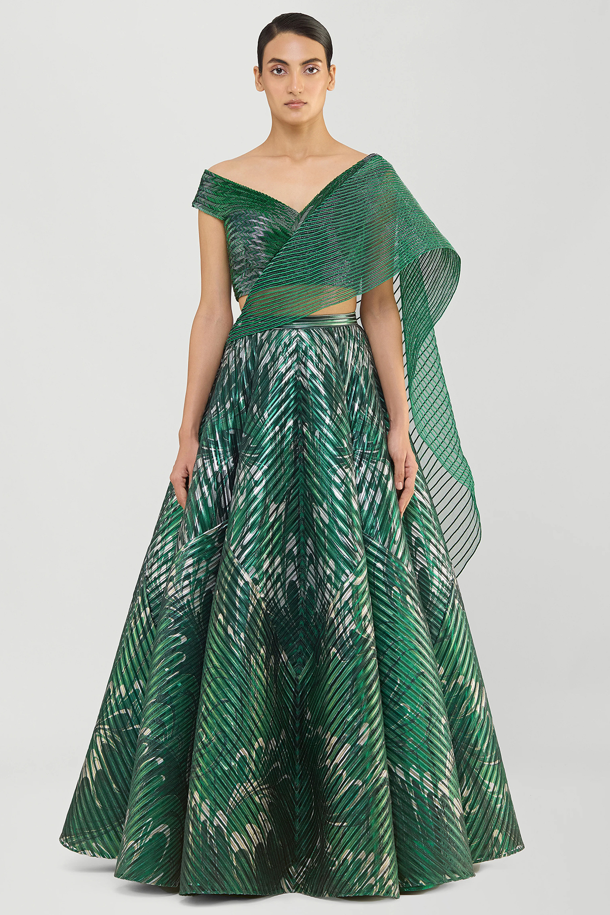 Emerald Green Tulle Printed Bridal Lehenga Set by Amit Aggarwal at Pernia's Pop Up Shop
