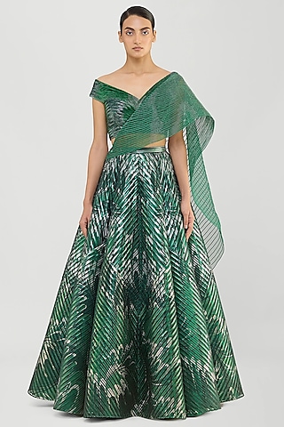 Emerald Green Tulle Printed Lehenga Set by Amit Aggarwal