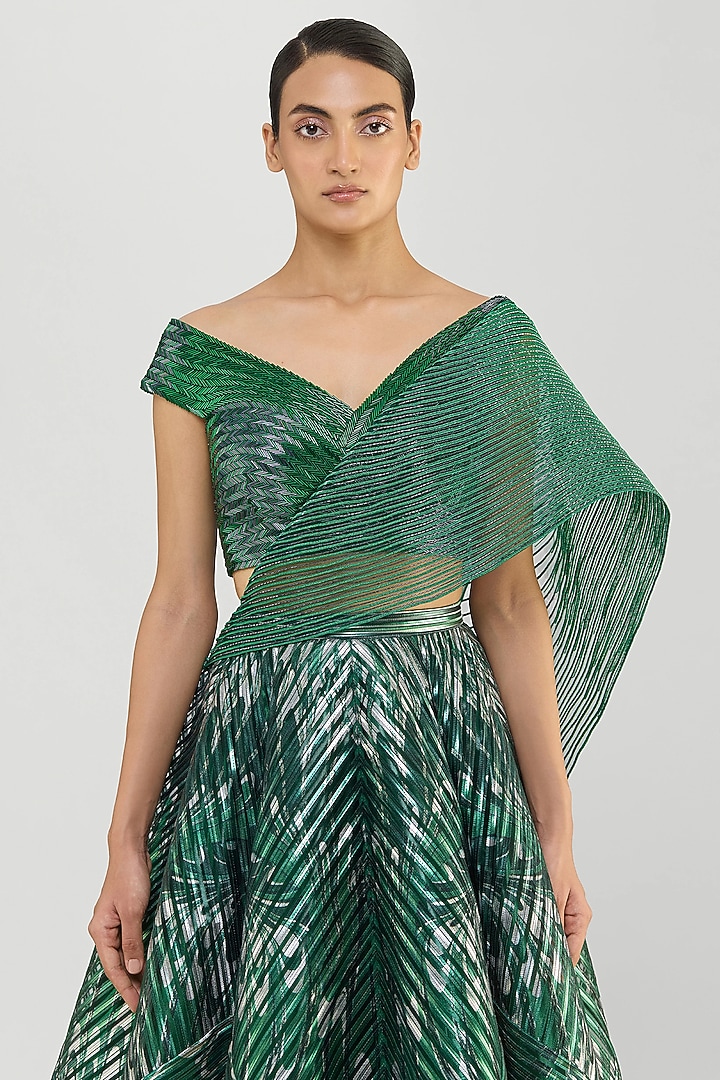 Emerald Green Tulle Printed Bridal Lehenga Set by Amit Aggarwal at Pernia's Pop Up Shop