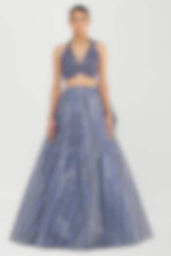 Cosmos Blue Organza & Sheer Stripe Fabric Bridal Lehenga Set by Amit Aggarwal at Pernia's Pop Up Shop