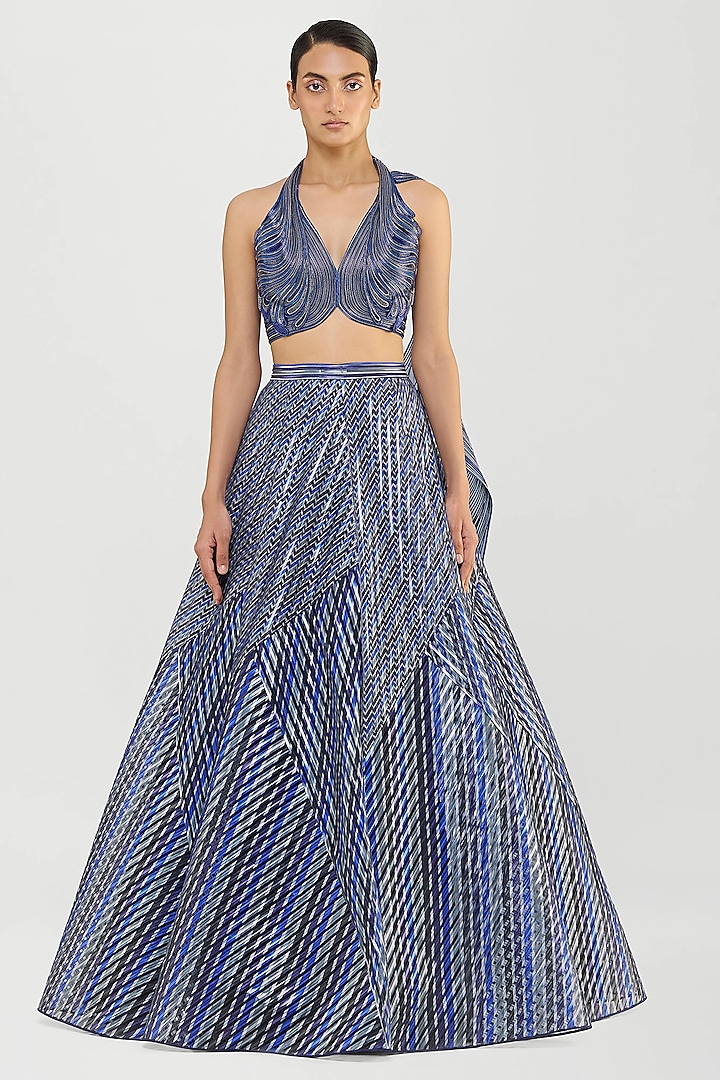 Cosmos Blue Organza & Sheer Stripe Fabric Bridal Lehenga Set by Amit Aggarwal at Pernia's Pop Up Shop