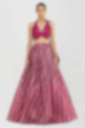 Bloom Pink Organza & Sheer Striped Bridal Lehenga Set by Amit Aggarwal at Pernia's Pop Up Shop