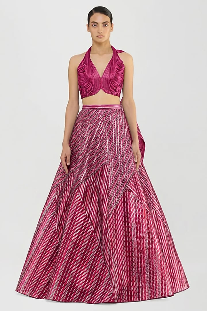 Bloom Pink Organza & Sheer Striped Bridal Lehenga Set by Amit Aggarwal at Pernia's Pop Up Shop
