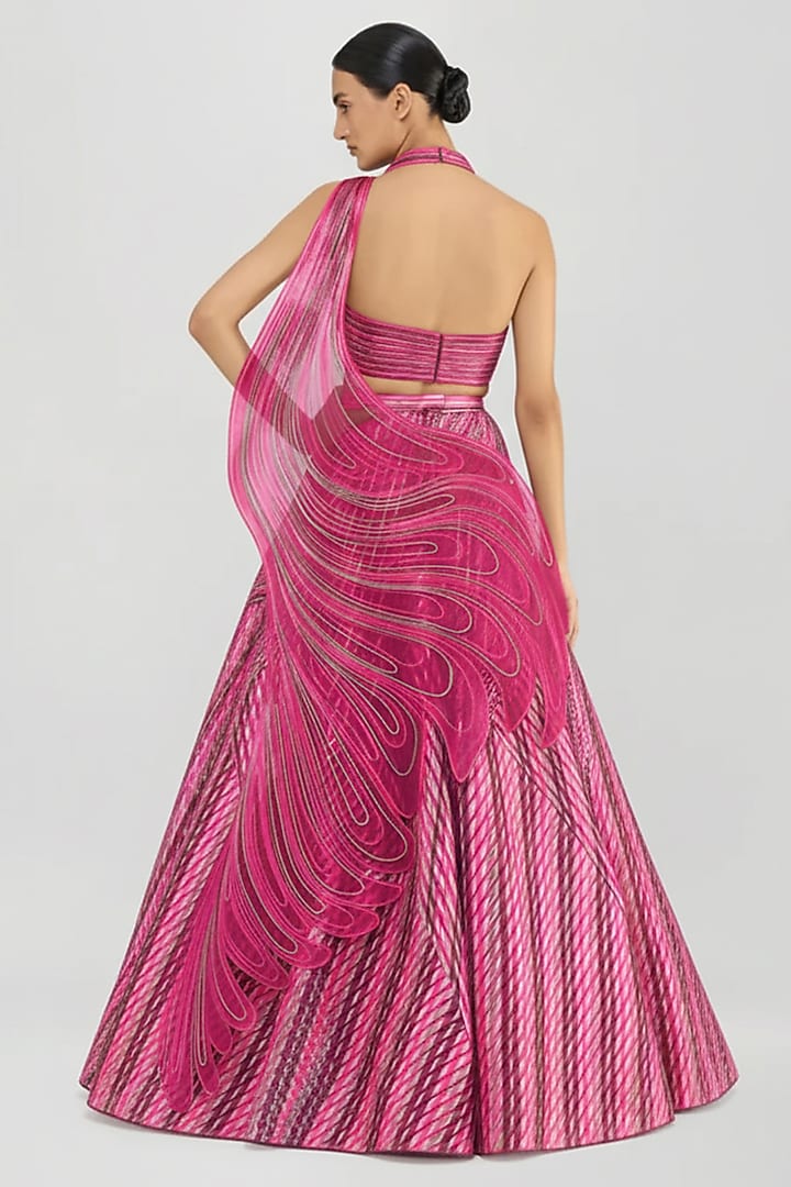 Bloom Pink Organza & Sheer Striped Bridal Lehenga Set by Amit Aggarwal at Pernia's Pop Up Shop