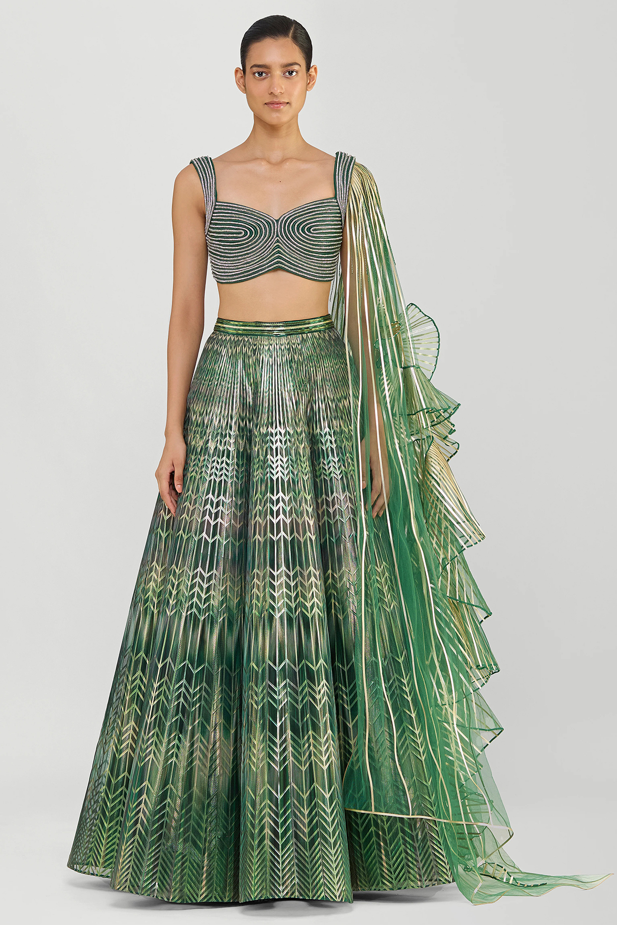 Emerald Green Tulle Printed Bridal Lehenga Set by Amit Aggarwal at Pernia's Pop Up Shop