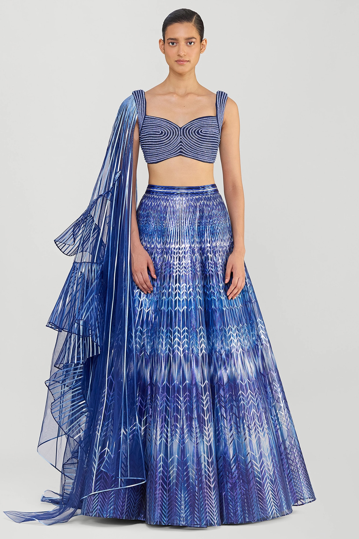 Amit Aggarwal Cosmos Blue Tulle Printed Lehenga Set