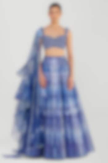 Cosmos Blue Tulle Printed Bridal Lehenga Set by Amit Aggarwal at Pernia's Pop Up Shop
