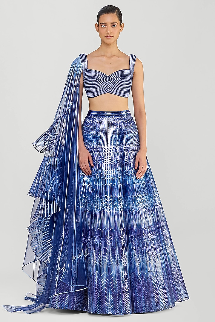 Cosmos Blue Tulle Printed Bridal Lehenga Set by Amit Aggarwal at Pernia's Pop Up Shop