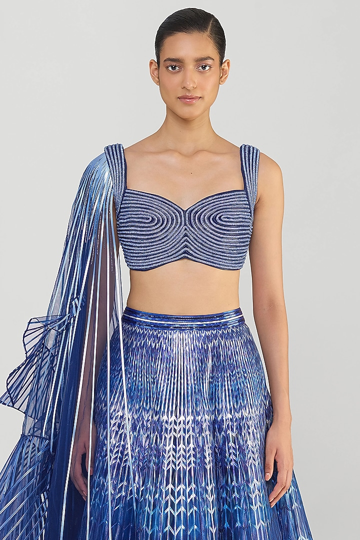 Cosmos Blue Tulle Printed Bridal Lehenga Set by Amit Aggarwal at Pernia's Pop Up Shop