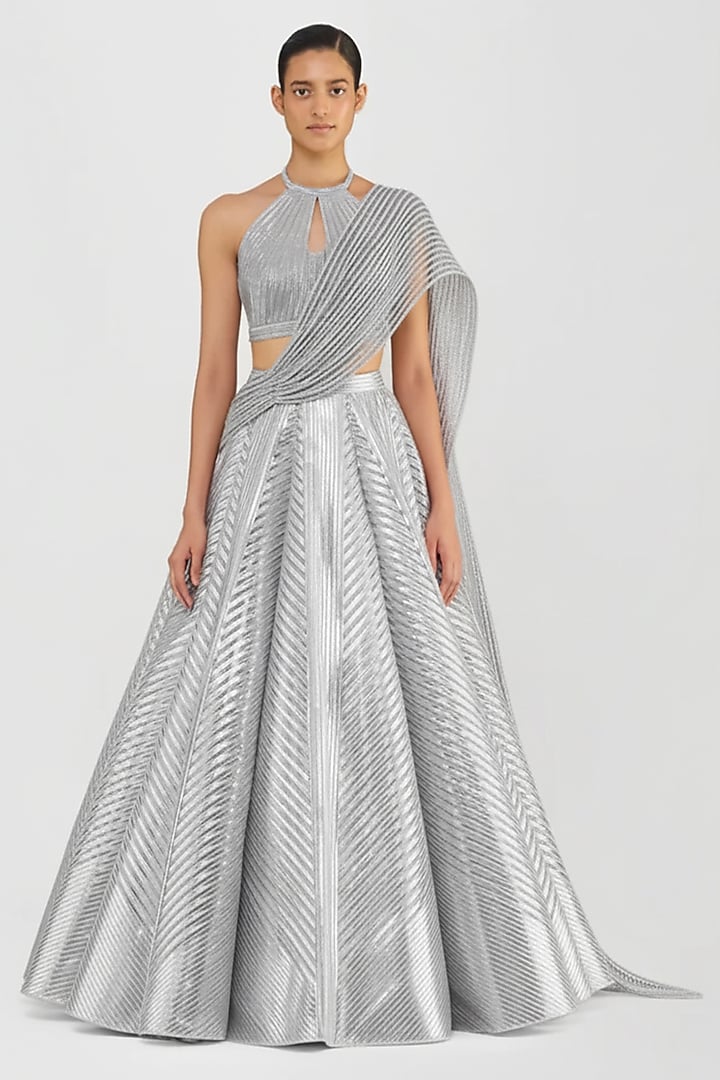 Steel Grey Organza & Tulle Draped Bridal Lehenga Set by Amit Aggarwal at Pernia's Pop Up Shop