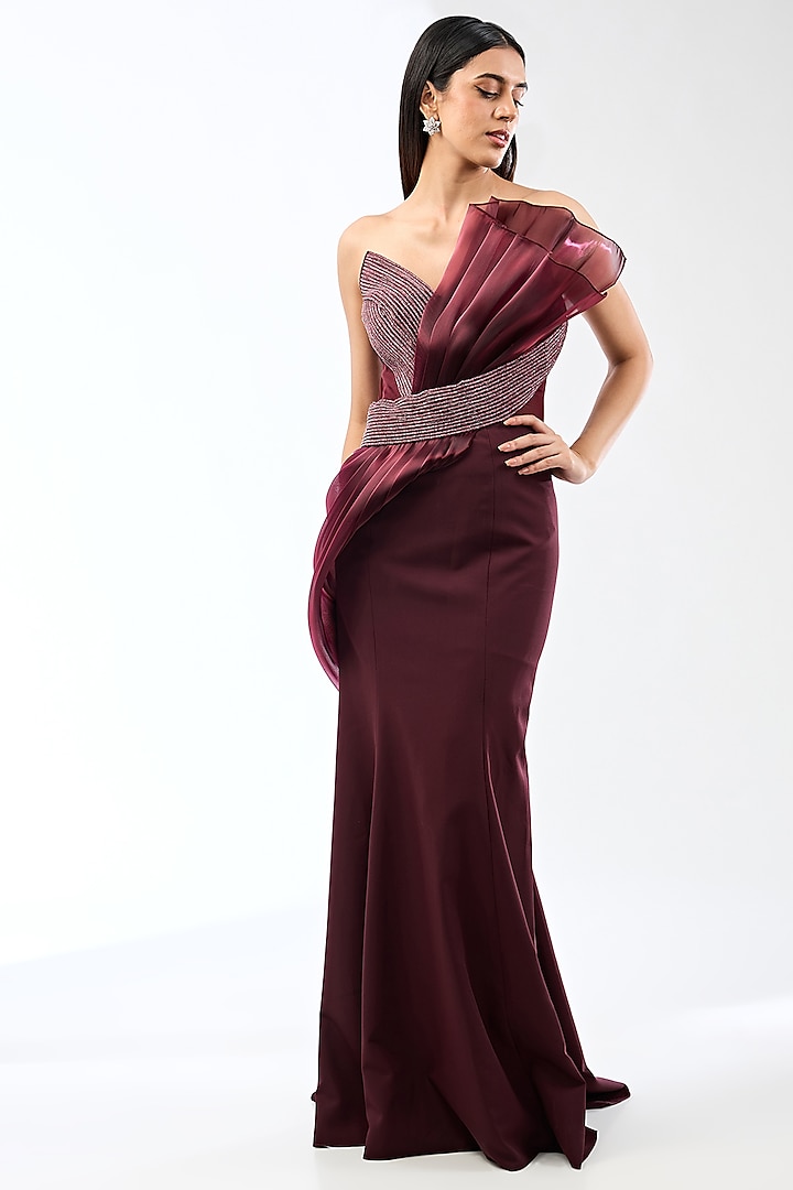 Oxblood Banana Crepe Wedding Gown by Amit Aggarwal at Pernia's Pop Up Shop
