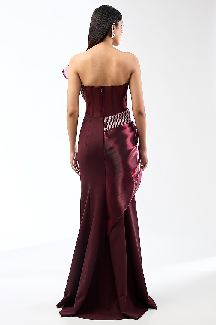 Oxblood Banana Crepe Wedding Gown by Amit Aggarwal at Pernia's Pop Up Shop