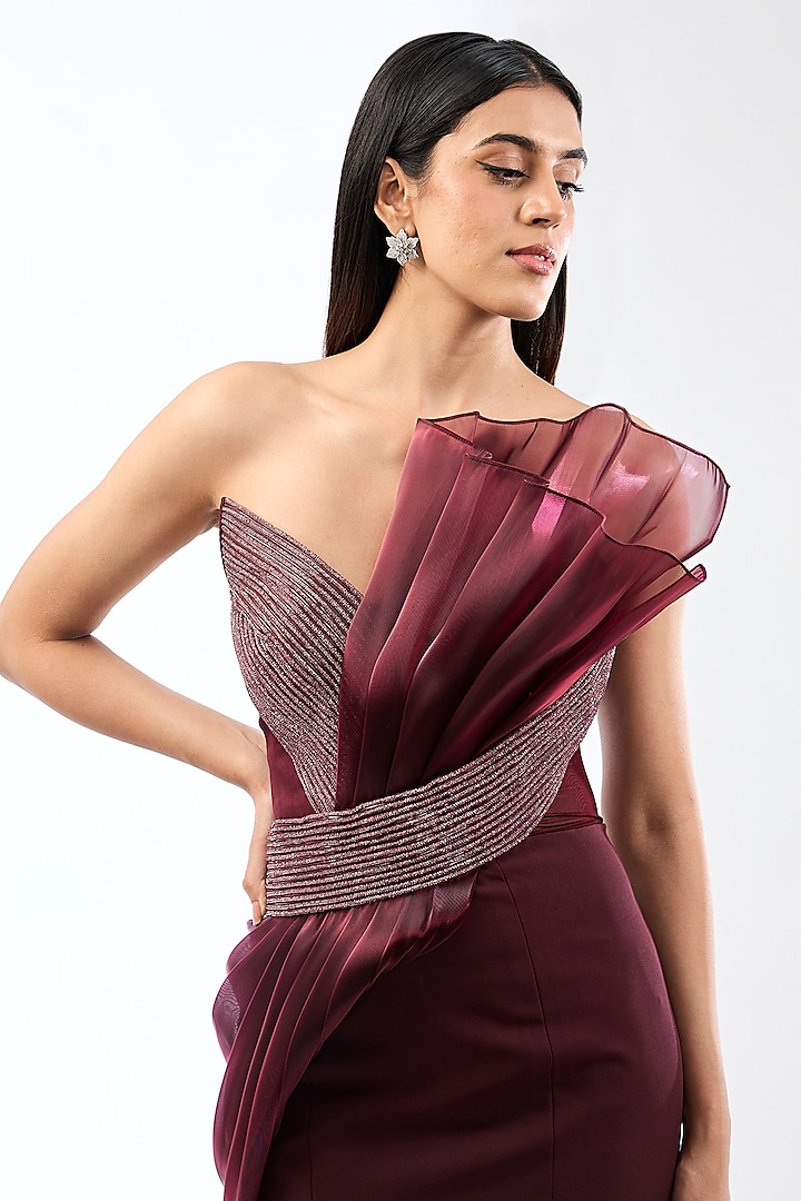 Oxblood Banana Crepe Wedding Gown by Amit Aggarwal at Pernia's Pop Up Shop