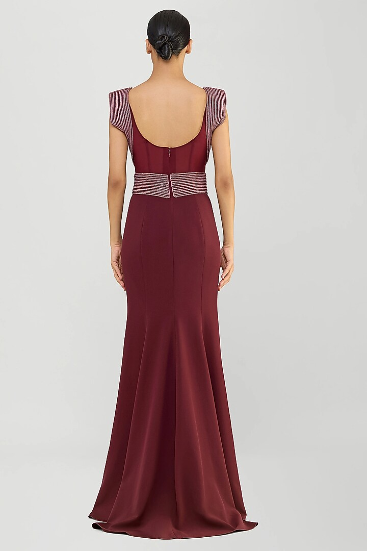 Oxblood Red Banana Crepe Bridal Gown by Amit Aggarwal at Pernia's Pop Up Shop