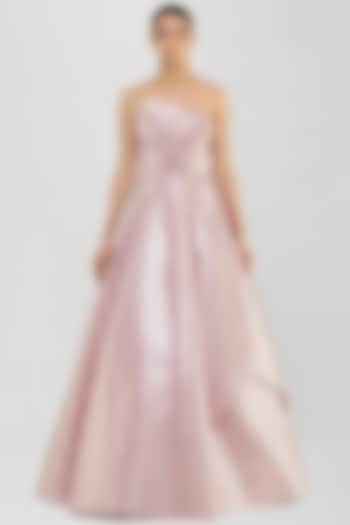 Rose Pink Mesh Hand Woven Metallic Draped Bridal Gown by Amit Aggarwal at Pernia's Pop Up Shop