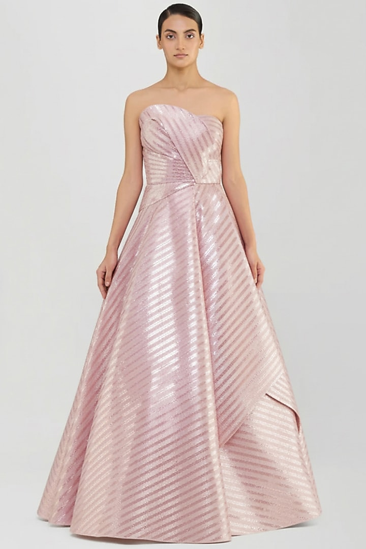 Rose Pink Mesh Hand Woven Metallic Draped Bridal Gown by Amit Aggarwal at Pernia's Pop Up Shop