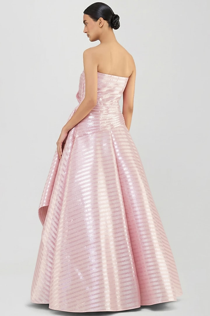 Rose Pink Mesh Hand Woven Metallic Draped Bridal Gown by Amit Aggarwal at Pernia's Pop Up Shop