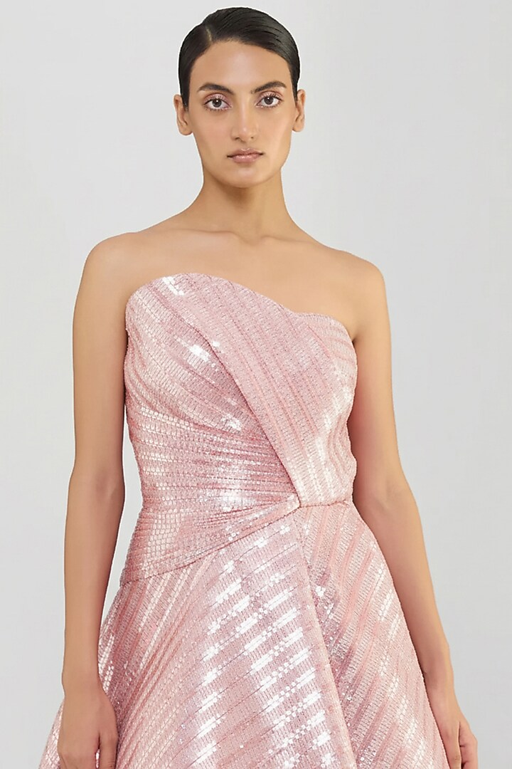 Rose Pink Mesh Hand Woven Metallic Draped Bridal Gown by Amit Aggarwal at Pernia's Pop Up Shop