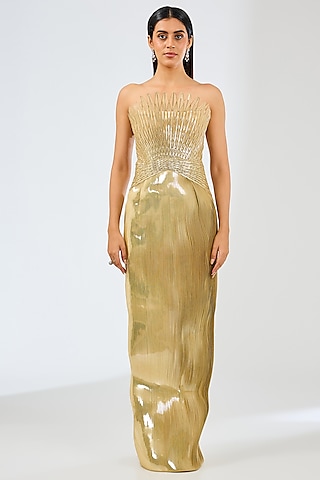 Sand-Colored Poly Net Gown by Amit Aggarwal