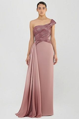 Rose Pink Butterfly Net & Banana Crepe Gown by Amit Aggarwal