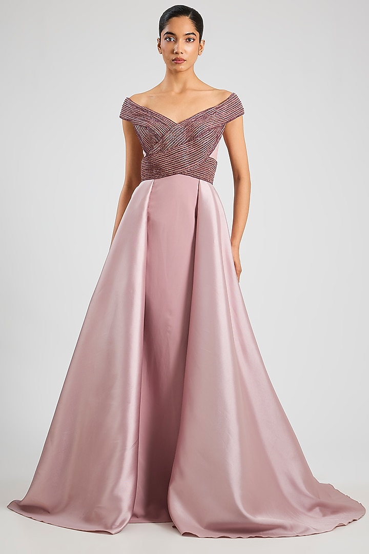 Rose Banana Crepe & heavy Twill Embroidered Off-Shoulder Bridal Gown by Amit Aggarwal at Pernia's Pop Up Shop