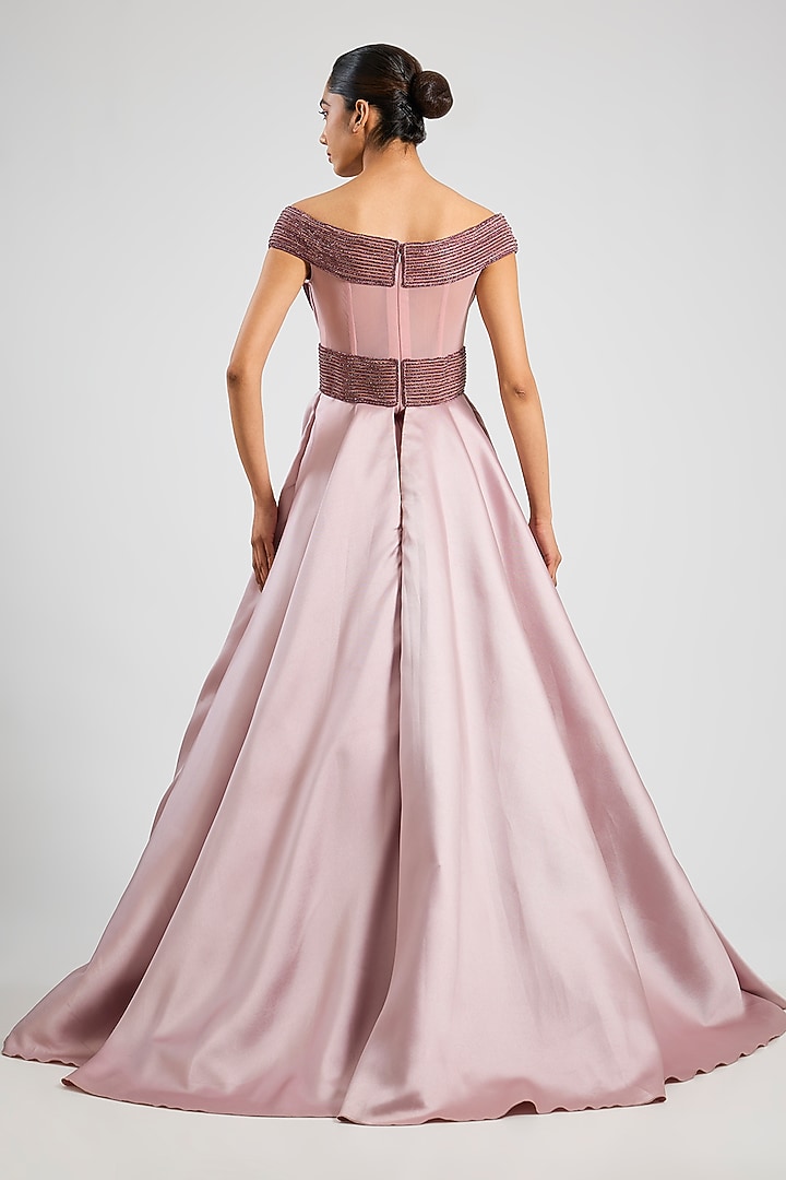 Rose Banana Crepe & heavy Twill Embroidered Off-Shoulder Bridal Gown by Amit Aggarwal at Pernia's Pop Up Shop
