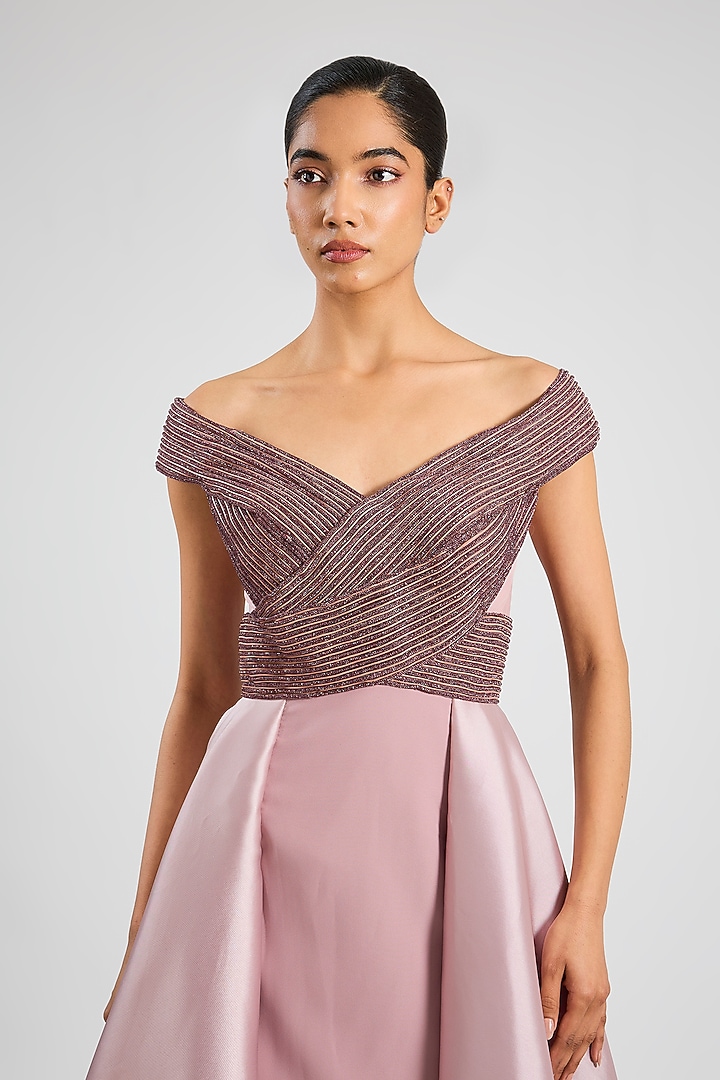 Rose Banana Crepe & heavy Twill Embroidered Off-Shoulder Bridal Gown by Amit Aggarwal at Pernia's Pop Up Shop