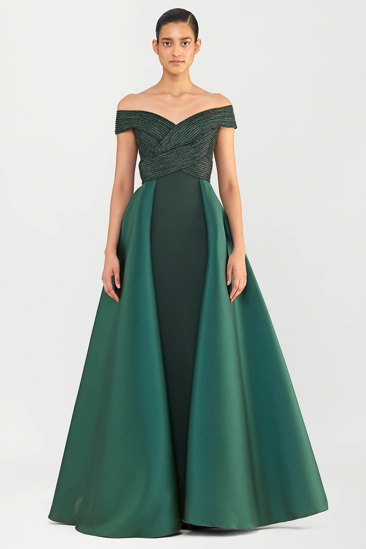 Emerald Green Twill & Banana Crepe Bridal Gown by Amit Aggarwal at Pernia's Pop Up Shop
