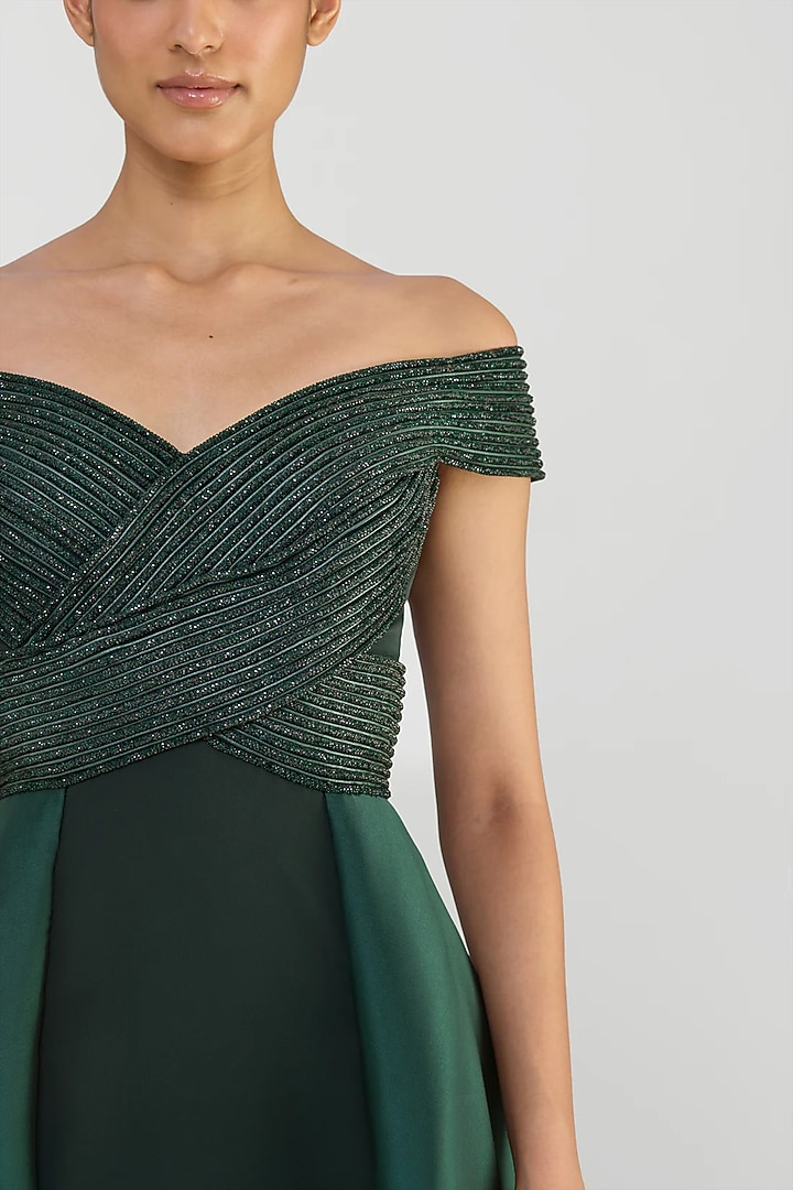Emerald Green Twill & Banana Crepe Bridal Gown by Amit Aggarwal at Pernia's Pop Up Shop