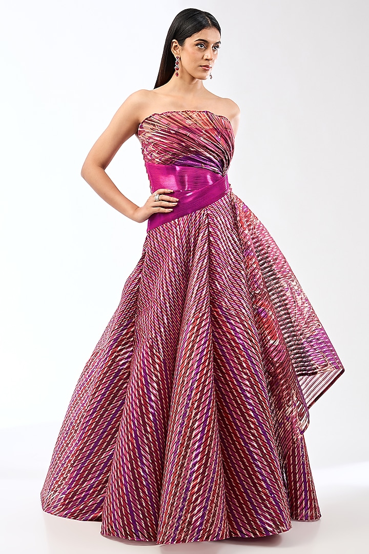 Bloom Pink Metallic Stripe Gown by Amit Aggarwal at Pernia's Pop Up Shop