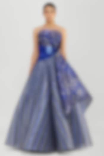 Cosmos Blue Sheer Striped Bridal Gown by Amit Aggarwal at Pernia's Pop Up Shop