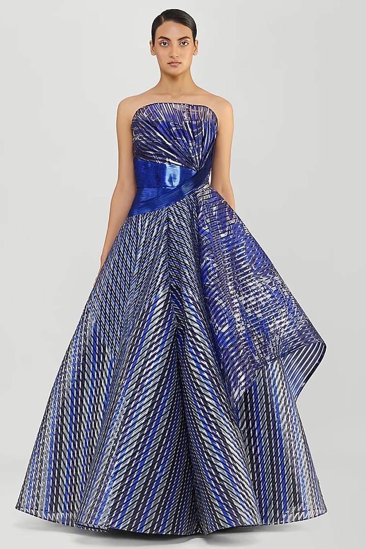 Cosmos Blue Sheer Striped Bridal Gown by Amit Aggarwal at Pernia's Pop Up Shop
