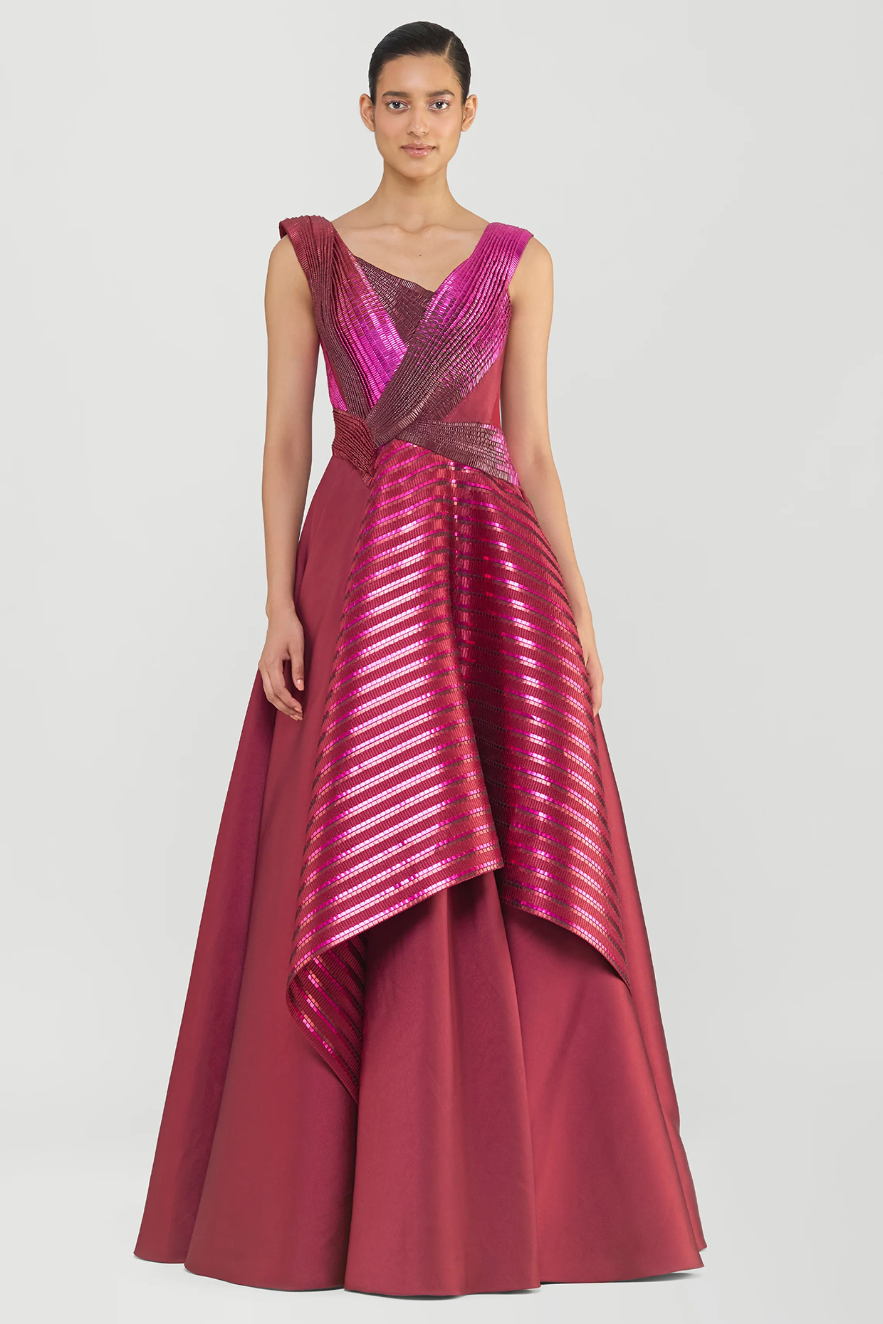 Oxblood Red Twill & Sheer Stripe Fabric Bridal Gown by Amit Aggarwal at Pernia's Pop Up Shop