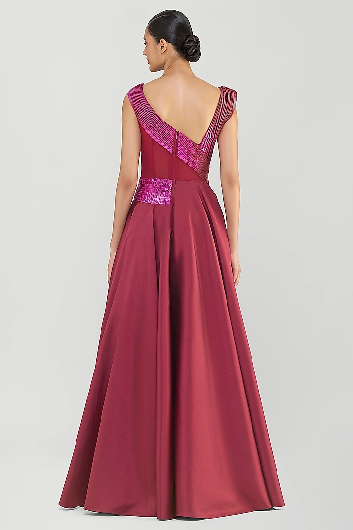 Oxblood Red Twill & Sheer Stripe Fabric Bridal Gown by Amit Aggarwal at Pernia's Pop Up Shop