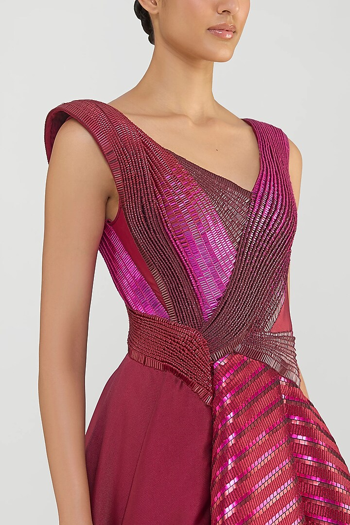 Oxblood Red Twill & Sheer Stripe Fabric Bridal Gown by Amit Aggarwal at Pernia's Pop Up Shop