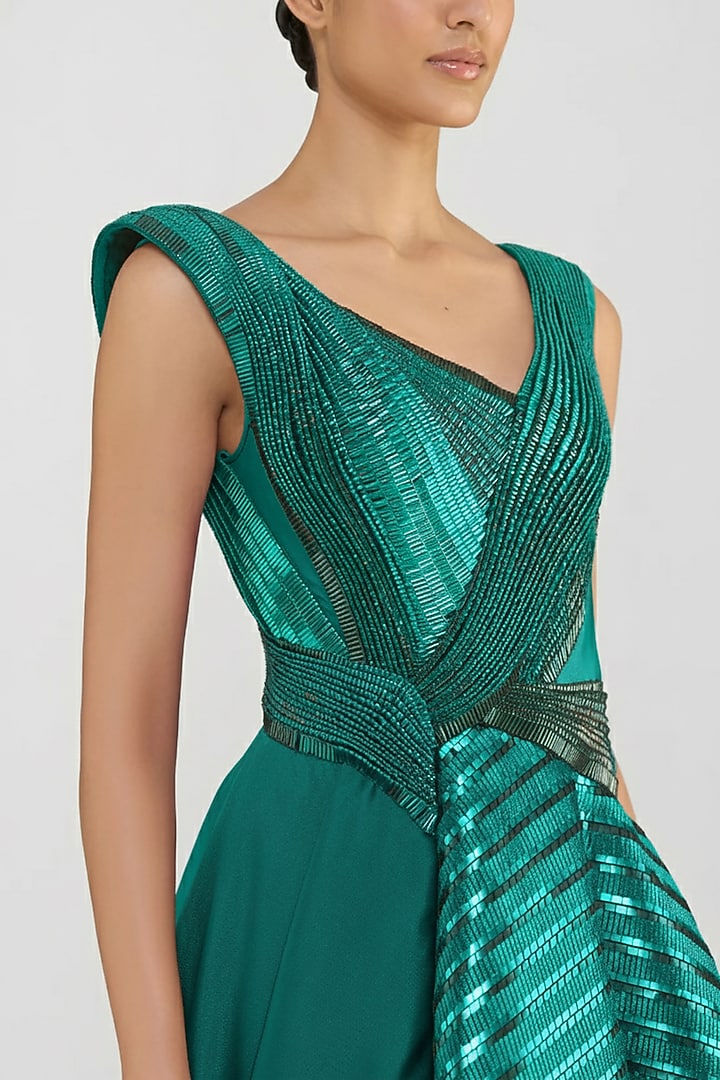 Emerald Heavy Twill & Sheer Striped Bridal Gown by Amit Aggarwal at Pernia's Pop Up Shop