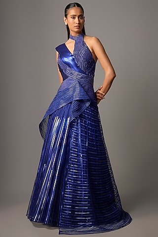 Cosmos Blue Tulle & Poly Crepe Gown by Amit Aggarwal