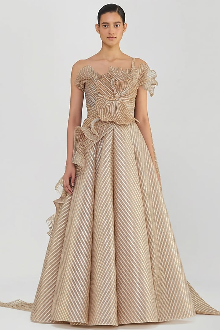 Sand-Colored Metallic Striped Bridal Gown by Amit Aggarwal at Pernia's Pop Up Shop