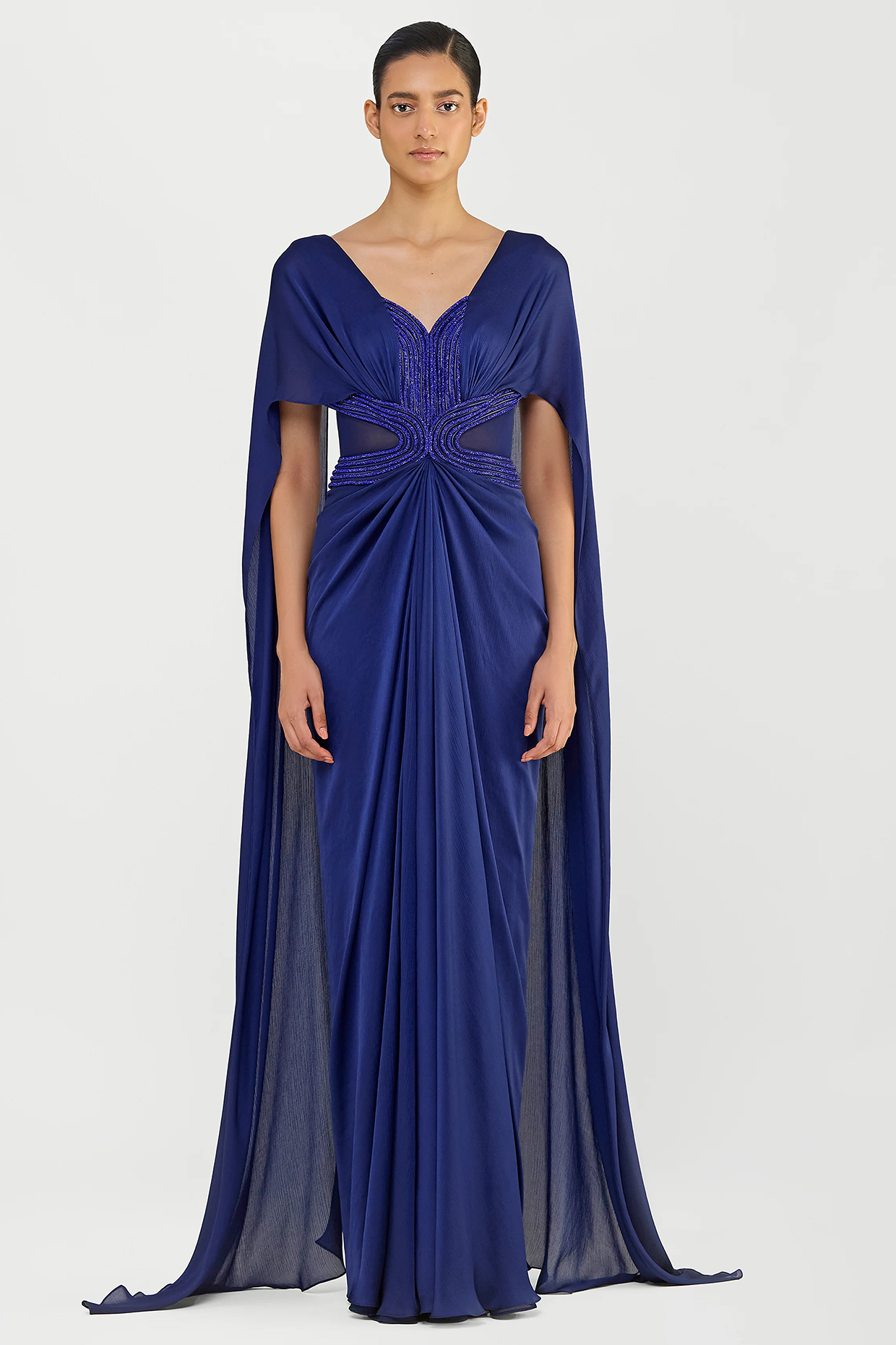 Cosmos Blue Twill & Sheer Stripe Fabric Wedding Gown by Amit Aggarwal at Pernia's Pop Up Shop