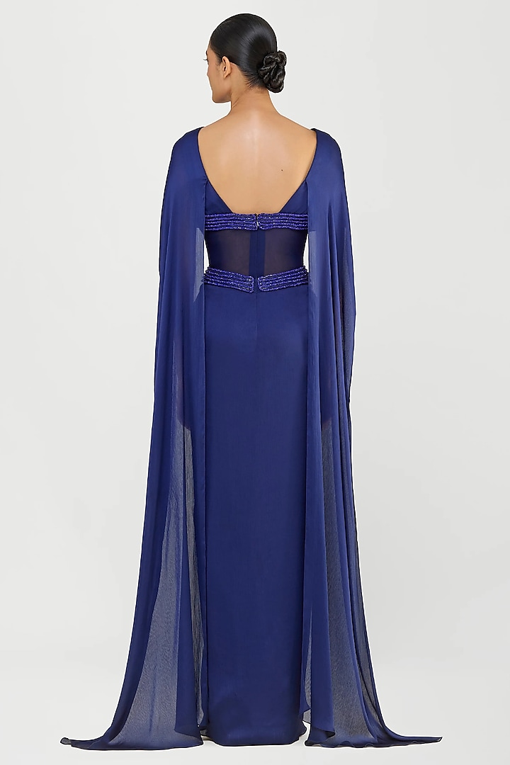 Cosmos Blue Twill & Sheer Stripe Fabric Wedding Gown by Amit Aggarwal at Pernia's Pop Up Shop