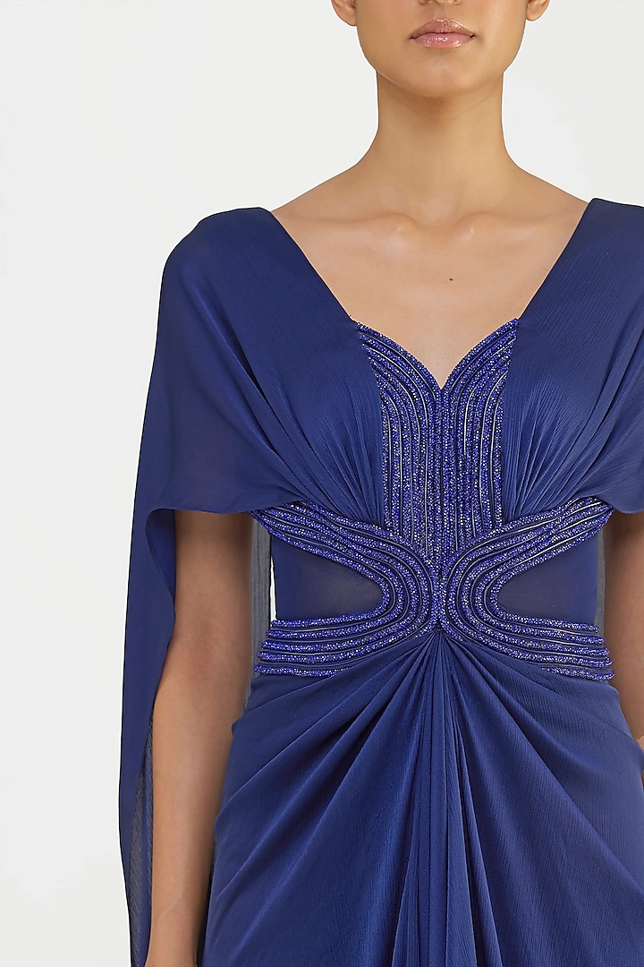 Cosmos Blue Twill & Sheer Stripe Fabric Wedding Gown by Amit Aggarwal at Pernia's Pop Up Shop