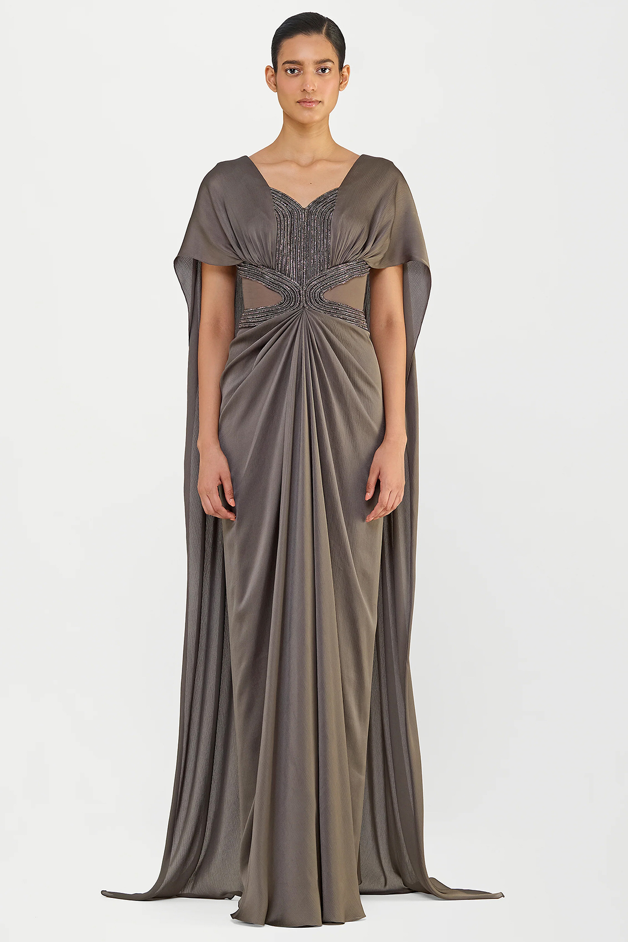 Pewter Twill & Sheer Stripe Fabric Wedding Gown by Amit Aggarwal at Pernia's Pop Up Shop