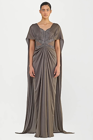 Pewter Twill & Sheer Stripe Fabric Gown by Amit Aggarwal